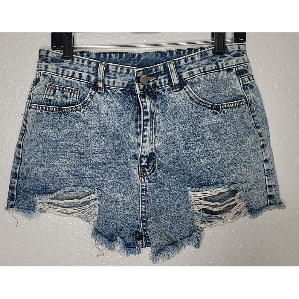 Smiley Face Denim Shorts Womens L Distressed Cut Off Festival Summer - Picture 5 of 13